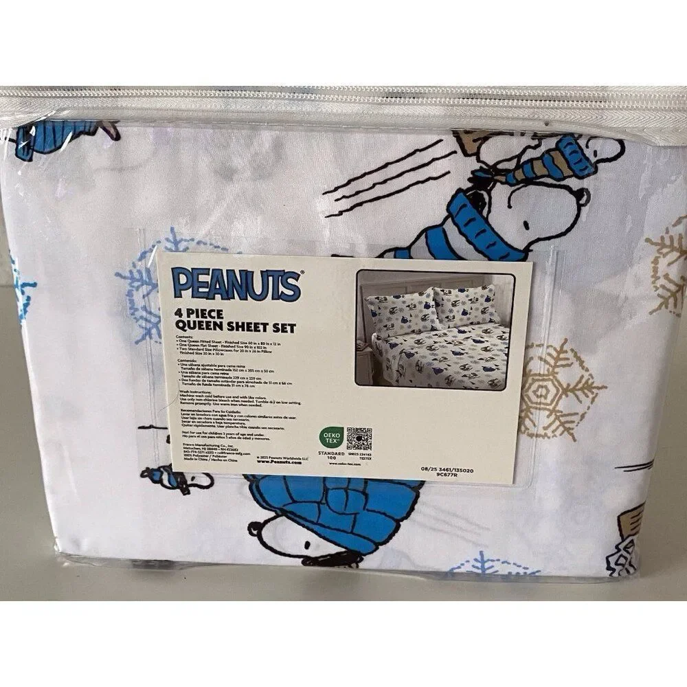 Peanuts Snoopy Puffy Coat QUEEN SZ Sheet Set Christmas Puffer Jacket White‎ Blue
